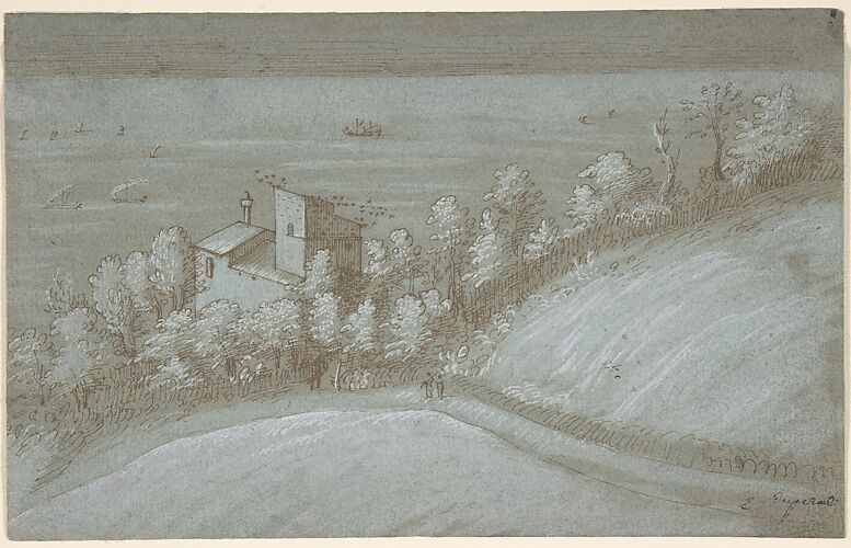 A House with a Dovecote and Trees by the Sea