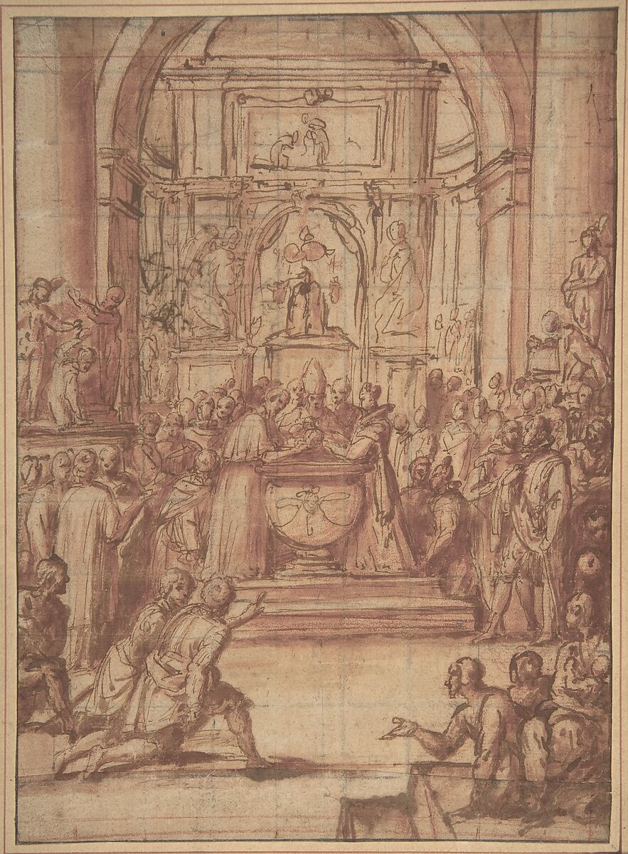 State Baptism of a Child of Noble Blood, Anonymous, Italian, Florentine, second half of the 16th century, Pen and brown ink, brush with brown and red wash, over red chalk and traces of black chalk; squared in black and red chalk 