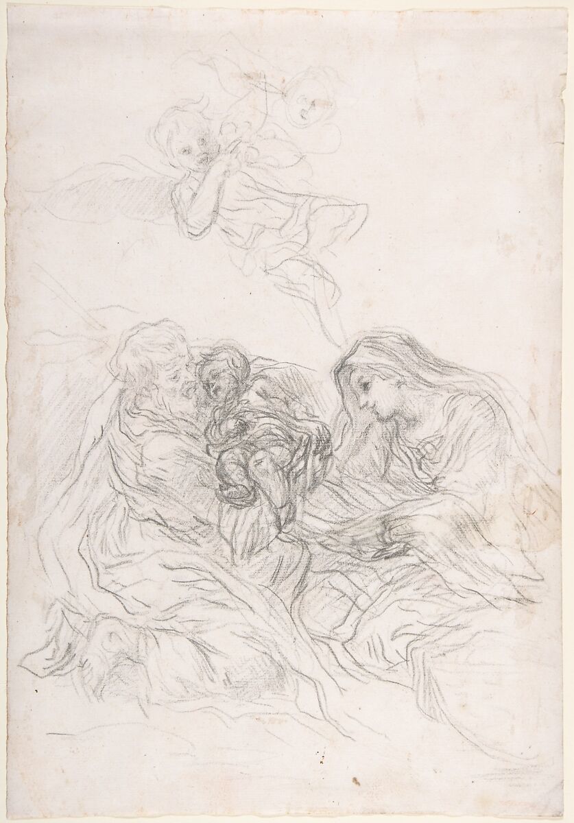 Holy Family with Two Flying Angels, Baldassarre Franceschini (il Volterrano) (Italian, Volterra 1611–1690 Florence), Black chalk