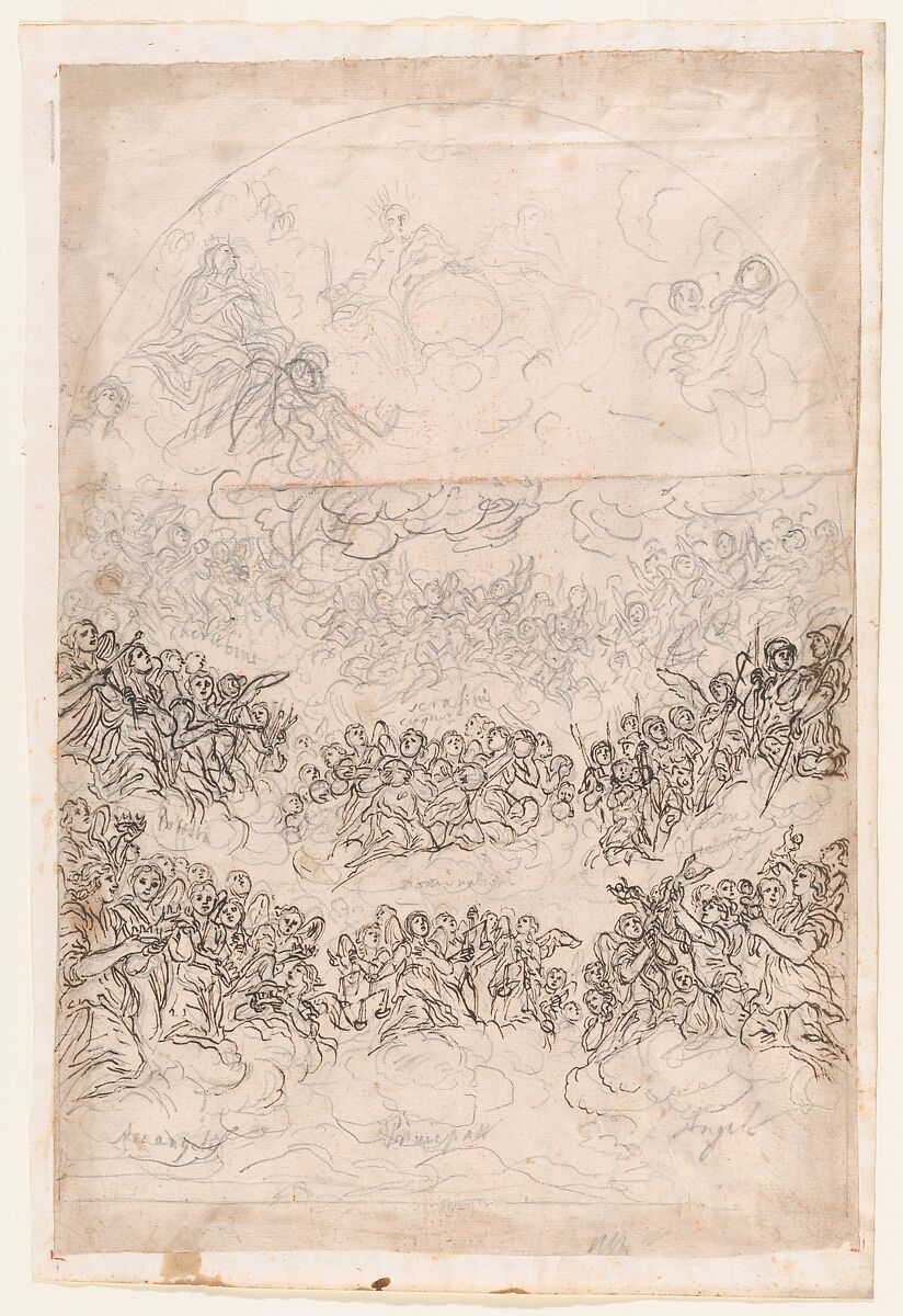 Coronation of the Virgin with the Heavenly Hosts, Baldassarre Franceschini (il Volterrano) (Italian, Volterra 1611–1690 Florence), Black chalk, partly reworked with pen and dark brown ink 