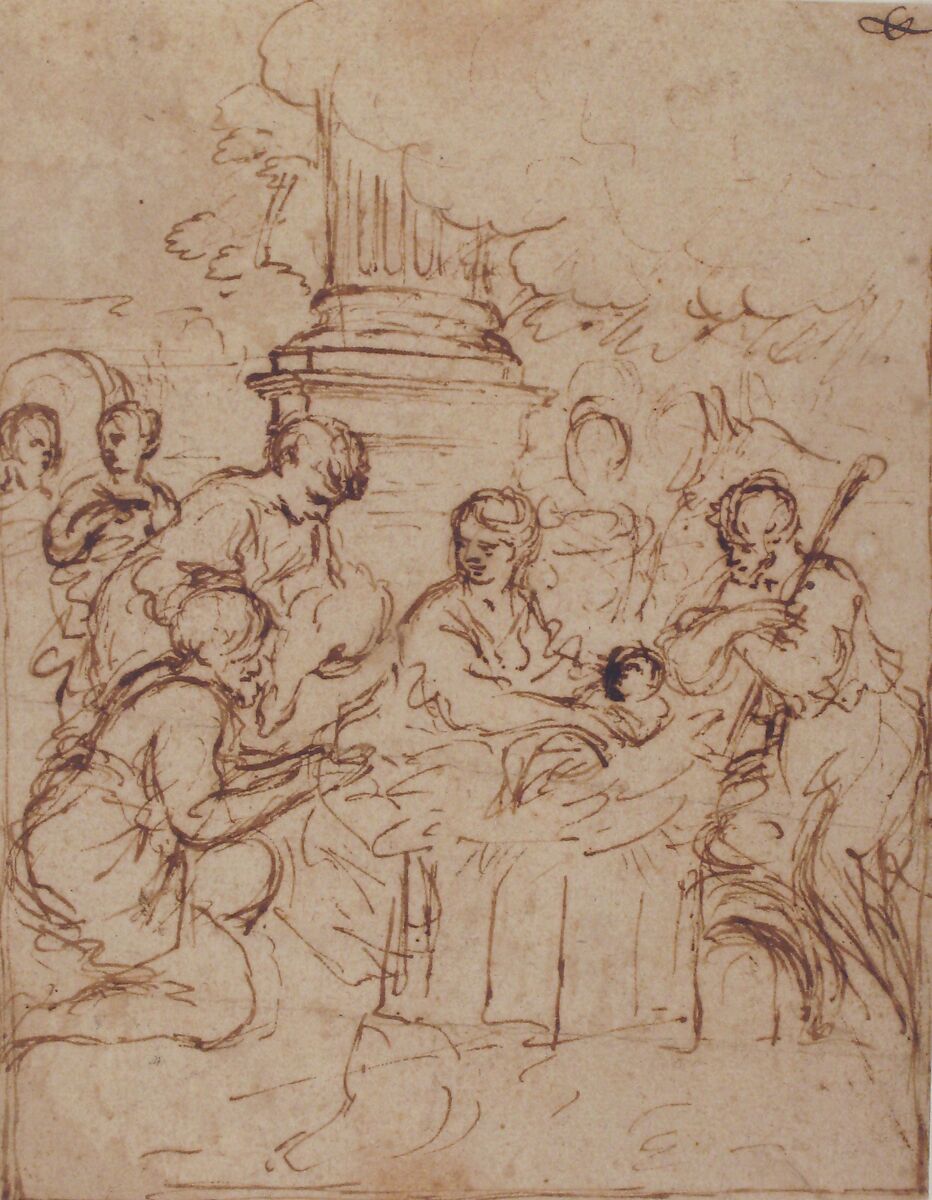 The Adoration of the Shepherds, Pietro da Cortona (Pietro Berrettini) (Italian, Cortona 1596–1669 Rome), Pen and dark brown ink; traces of framing outlines in pen and brown ink
