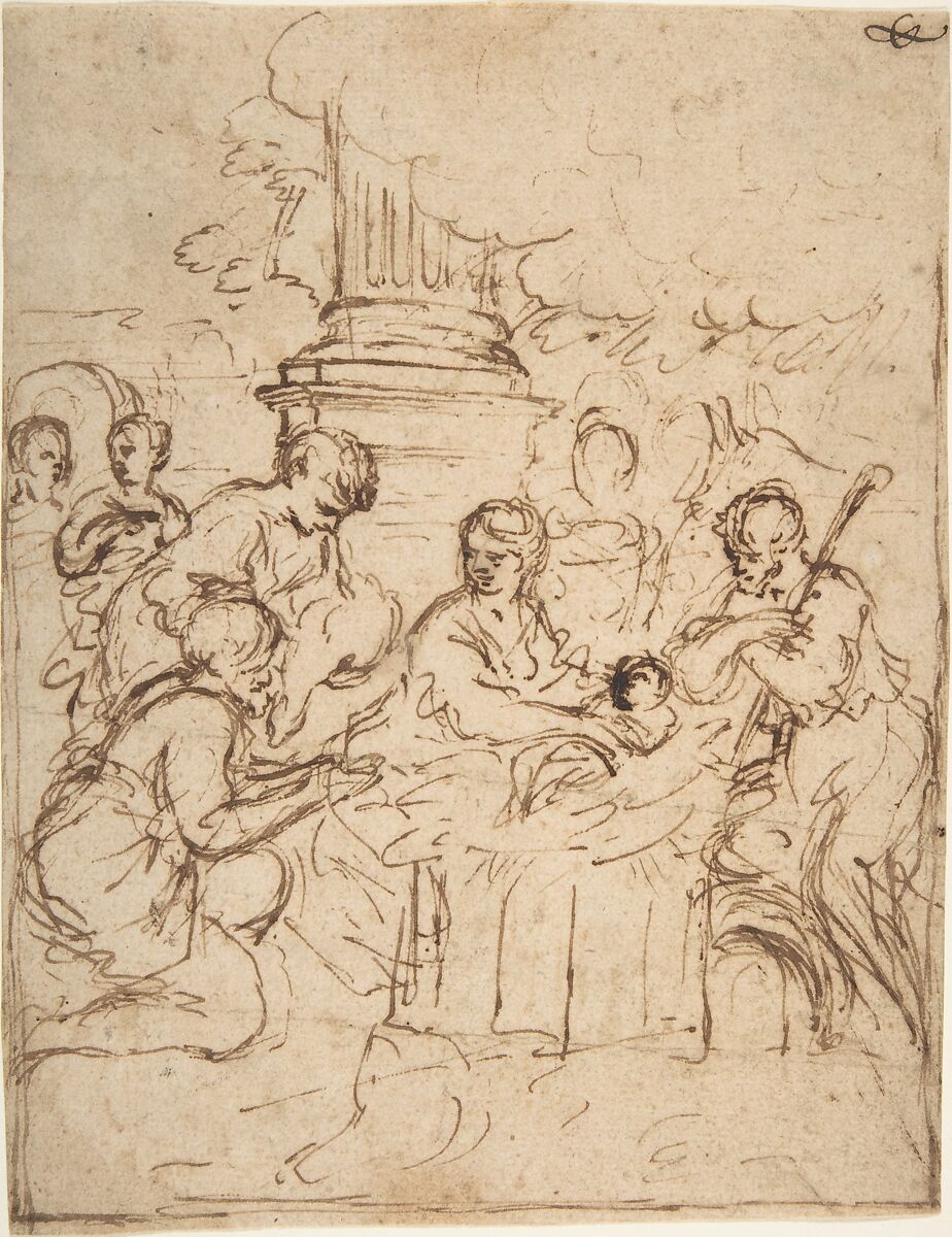 The Adoration of the Shepherds, Pietro da Cortona (Pietro Berrettini) (Italian, Cortona 1596–1669 Rome), Pen and dark brown ink; traces of framing outlines in pen and brown ink 