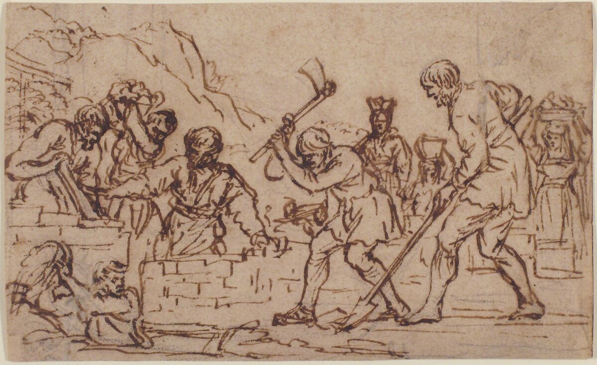 Men Digging and Constructing a Wall, Pietro da Cortona (Pietro Berrettini) (Italian, Cortona 1596–1669 Rome), Pen and brown ink, over black chalk
