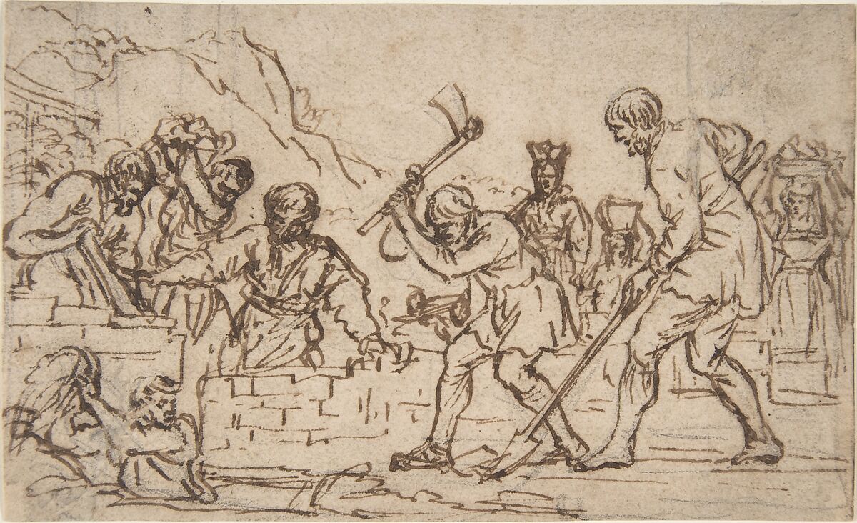Men Digging and Constructing a Wall, Pietro da Cortona (Pietro Berrettini) (Italian, Cortona 1596–1669 Rome), Pen and brown ink, over black chalk 