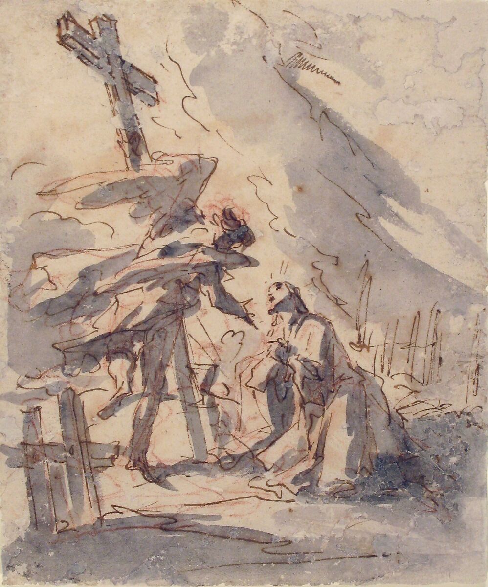 Christ in the Garden of Gethsemane, Gaspare Diziani (Italian, Belluno 1689–1767 Venice), Pen and brown ink, brush and gray wash, over red chalk