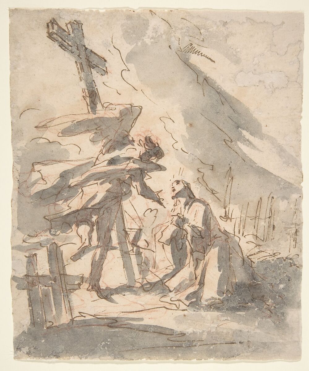 Christ in the Garden of Gethsemane, Gaspare Diziani (Italian, Belluno 1689–1767 Venice), Pen and brown ink, brush and gray wash, over red chalk 
