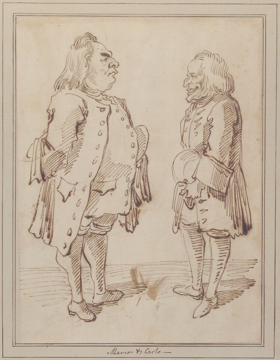 Marco and Carlo: Caricature of Two Men Standing Face to Face, Pier Leone Ghezzi (Italian, Comunanza near Ascoli Piceno 1674–1755 Rome), Pen and dark brown ink, over leadpoint or graphite
