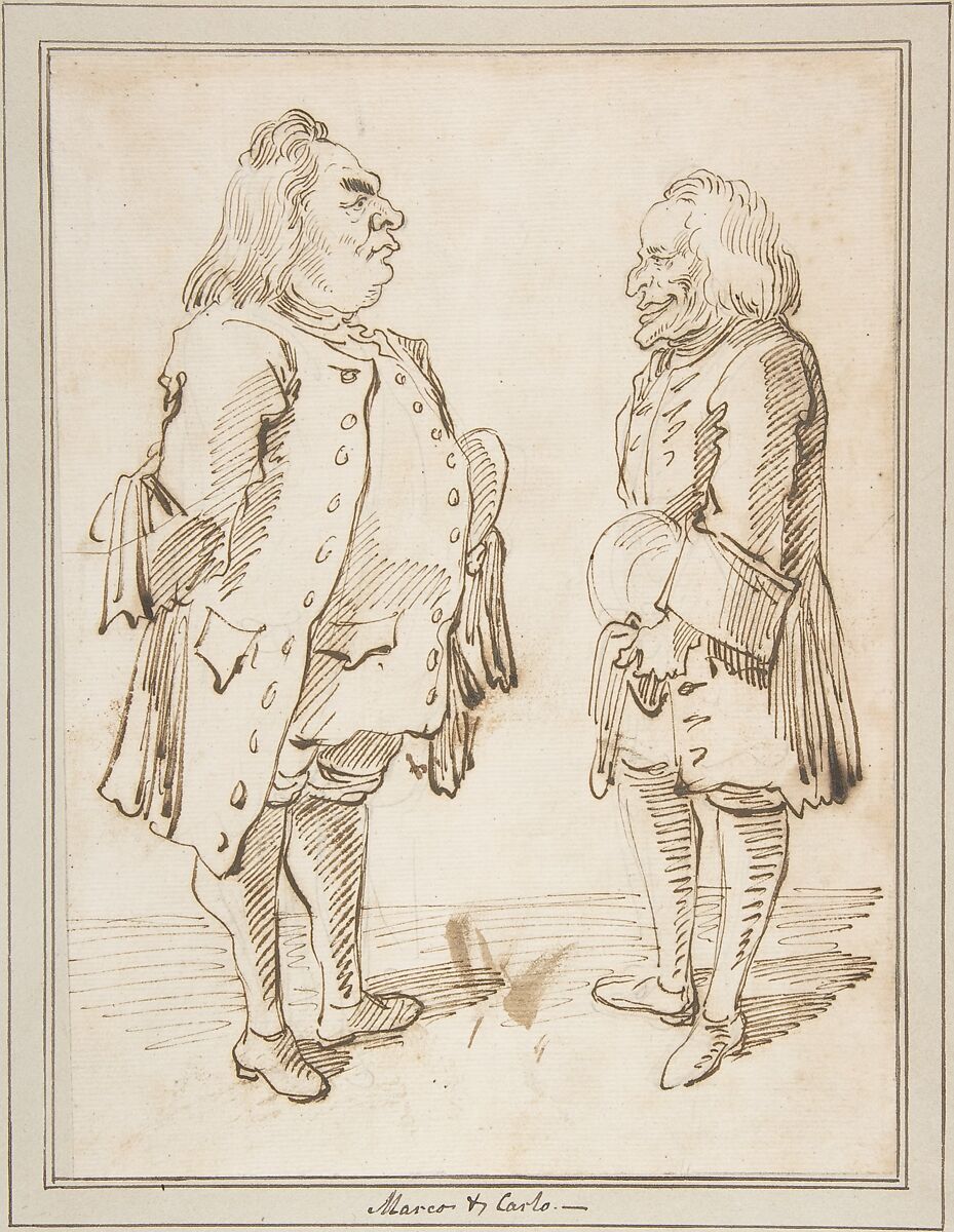 Marco and Carlo: Caricature of Two Men Standing Face to Face, Pier Leone Ghezzi (Italian, Comunanza near Ascoli Piceno 1674–1755 Rome), Pen and dark brown ink, over leadpoint or graphite 