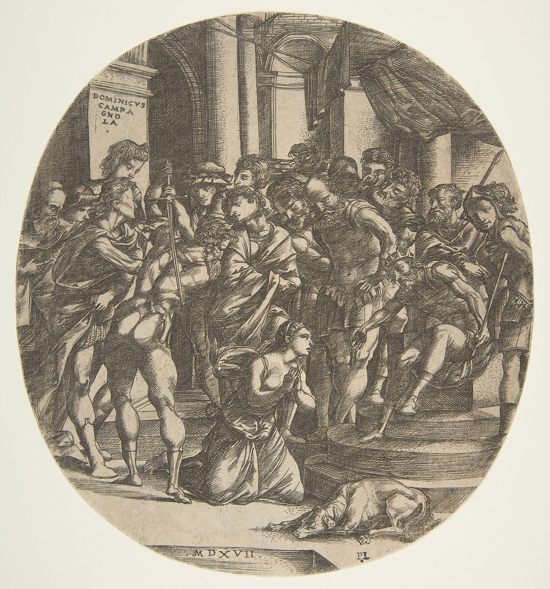 Female figure (Saint Catherine?) kneeling on the ground at center pleading to a male figure (Maximus?) who wears a crown and is seated on a throne at right; at left a figure with raised sword about to strike the woman; a group of figures looking on in the background, Domenico Campagnola (Italian, Venice (?) 1500–1564 Padua), Engraving 