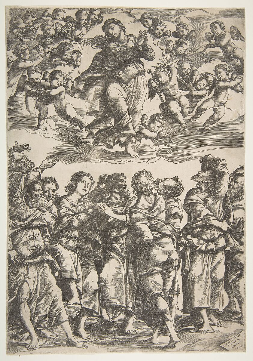 The Virgin at top center in clouds with clasped hands and right foot raised, surrounded by cherubin; below, the twelve apostles stand together gesturing upwards, Engraved by Domenico Campagnola (Italian, Venice (?) 1500–1564 Padua), Engraving 