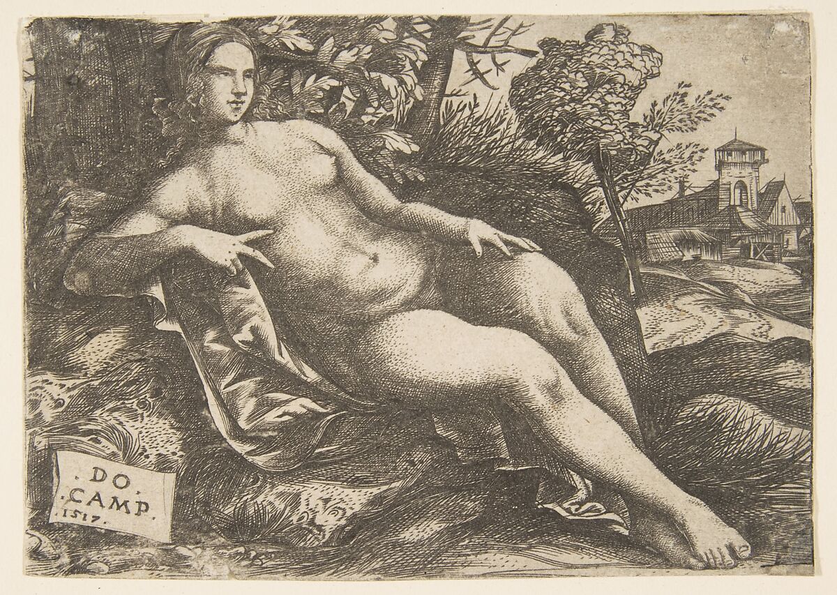Nude woman (Venus) reclining in a landscape, Domenico Campagnola (Italian, Venice (?) 1500–1564 Padua), Engraving 