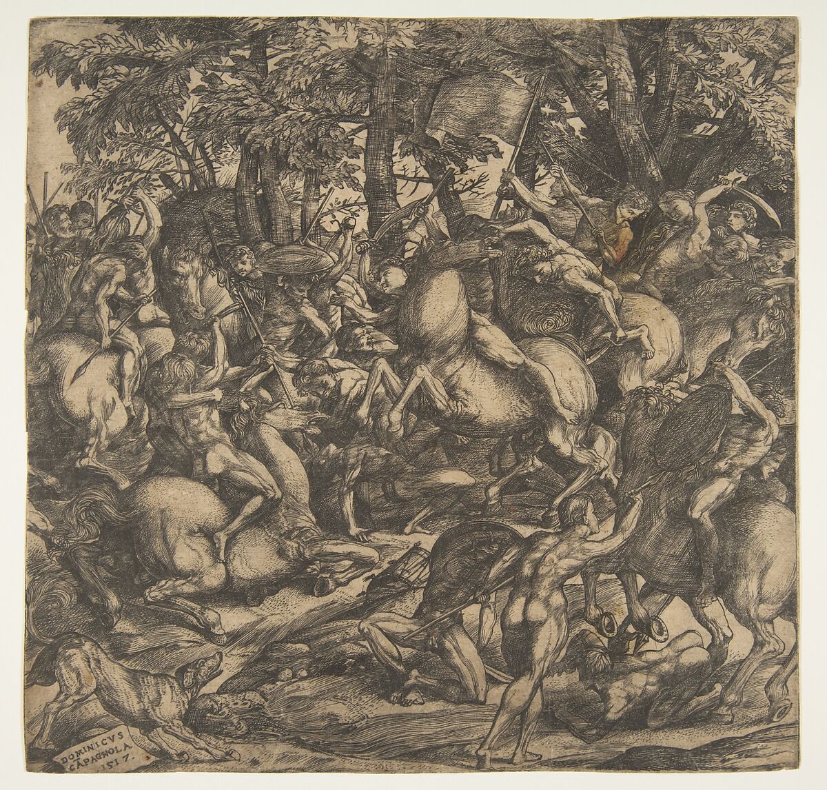 Group of naked men engaged in battle in a wooded landscape, some on horseback; a dog at lower left., Domenico Campagnola (Italian, Venice (?) 1500–1564 Padua), Engraving 