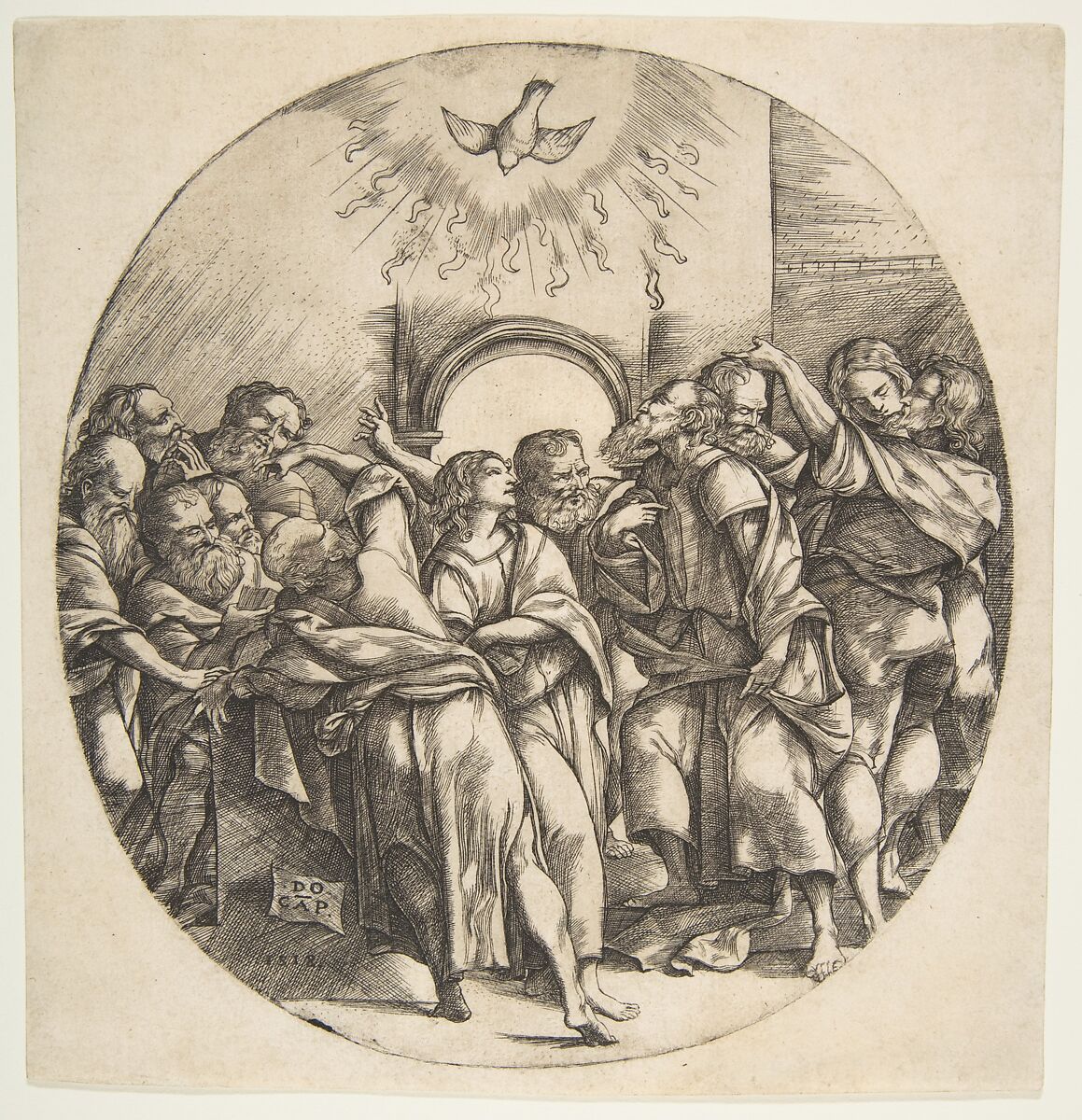 The Holy Spirit as a bird descending with spread wings at top center; the twelve Apostles standing below gesturing to it in front of an archway, Domenico Campagnola (Italian, Venice (?) 1500–1564 Padua), Engraving 