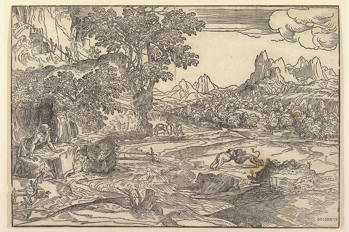 Landscape with Saint Jerome at left looking towards lion and bear  fighting at center; two figures with mule in the background, Domenico Campagnola (Italian, Venice (?) 1500–1564 Padua), Woodcut 