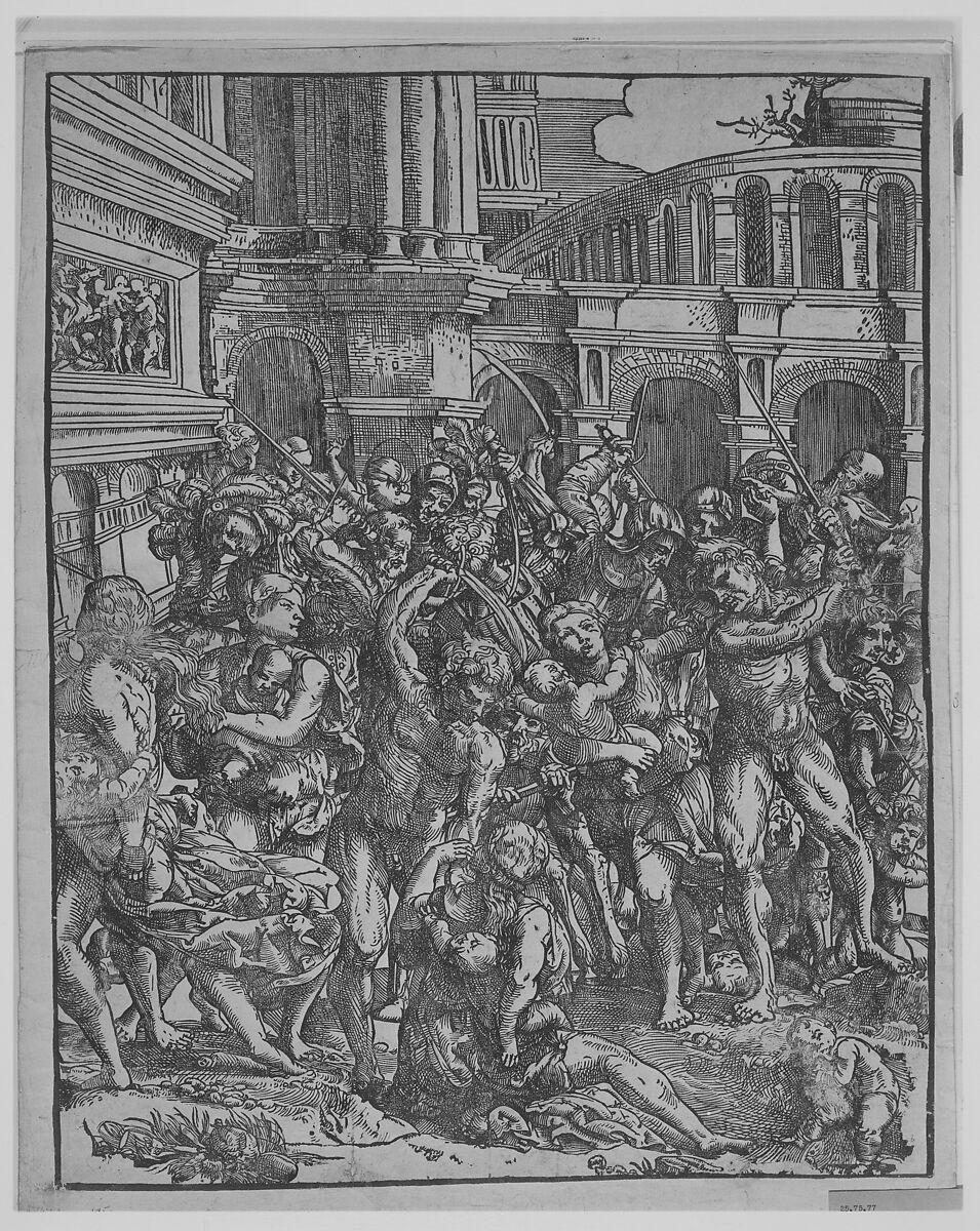 The Massacre of the Innocents (Right side) with group of male figures attacking women and children; classical buildings in the background, Domenico Campagnola (Italian, Venice (?) 1500–1564 Padua), Woodcut