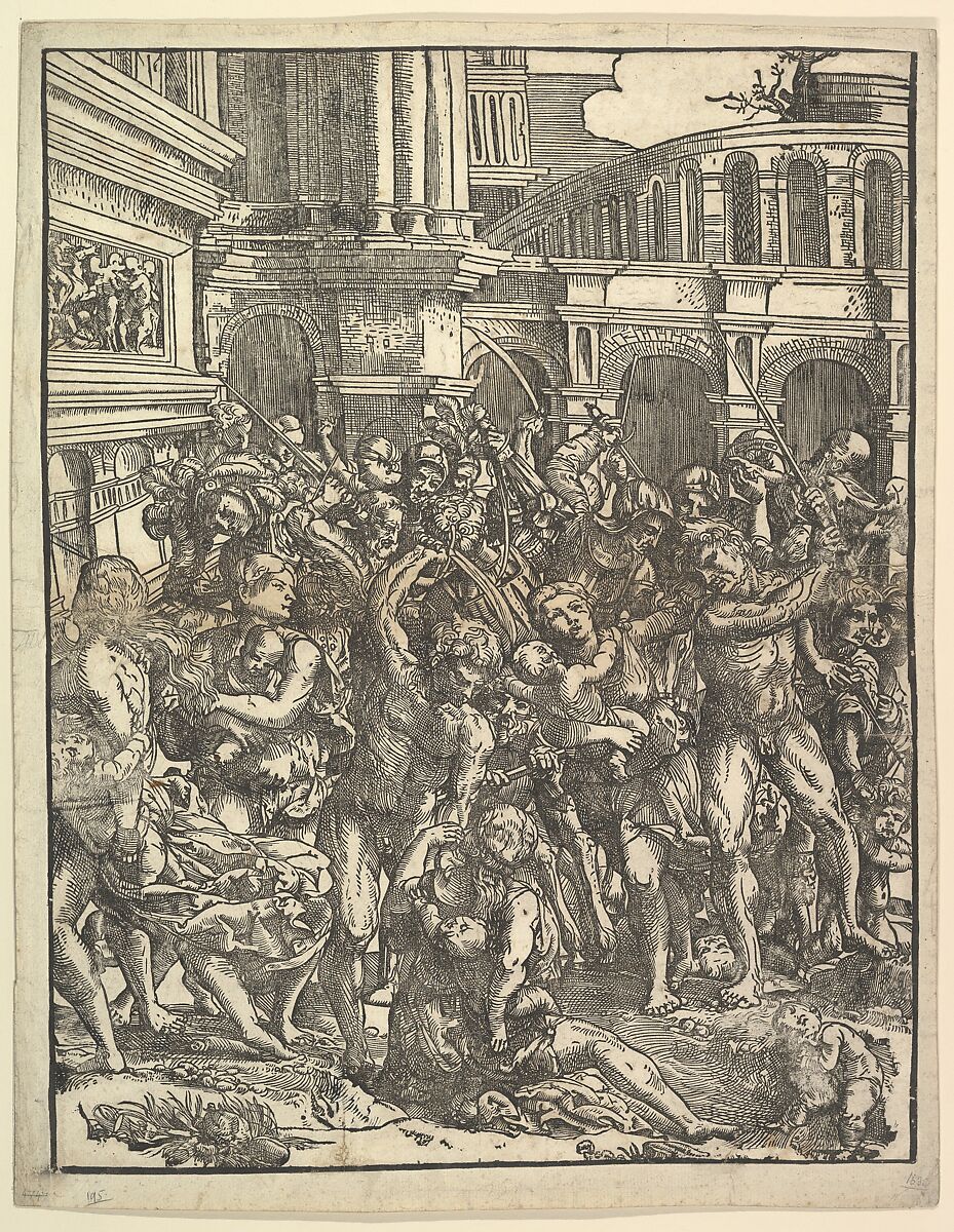 The Massacre of the Innocents (Right side) with group of male figures attacking women and children; classical buildings in the background, Domenico Campagnola (Italian, Venice (?) 1500–1564 Padua), Woodcut 