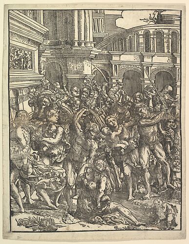 The Massacre of the Innocents (Right side) with group of male figures attacking women and children; classical buildings in the background