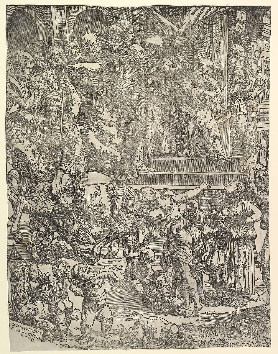 The Massacre of the Innocents (Left side), with man on horseback at center left, women and children below, group of figures standing on steps above, Herod seated on throne at upper right, Domenico Campagnola (Italian, Venice (?) 1500–1564 Padua), Woodcut 