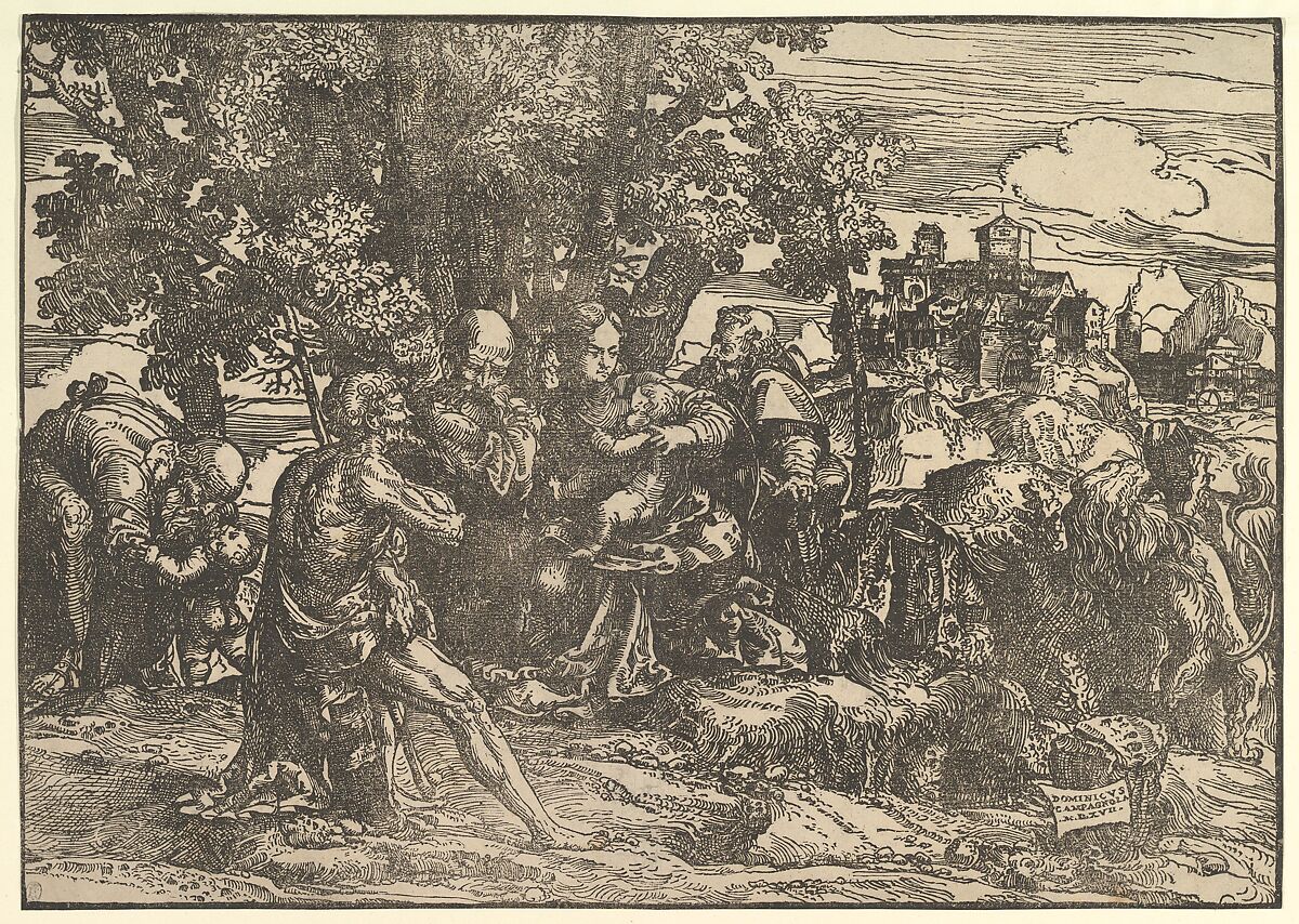 Mary seated beneath trees with baby, flanked by Joseph at left and St. Jerome at right; St. John the Baptist seated in the foreground holding a cross; a man stooping to pick up a child at left; a lion seen from behind at right; a town in the background, Domenico Campagnola (Italian, Venice (?) 1500–1564 Padua), Woodcut 