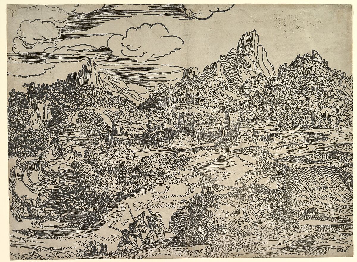 Landscape with family walking together in the foreground, at left two figures with herd of goats and sheep; a mill (?) and other buildings in the background, Domenico Campagnola (Italian, Venice (?) 1500–1564 Padua), Woodcut 