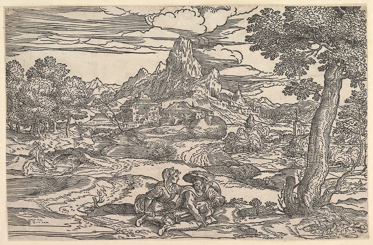 Landscape with a woman seated next to a man playing a hurdy-gurdy, Domenico Campagnola (Italian, Venice (?) 1500–1564 Padua), Woodcut 