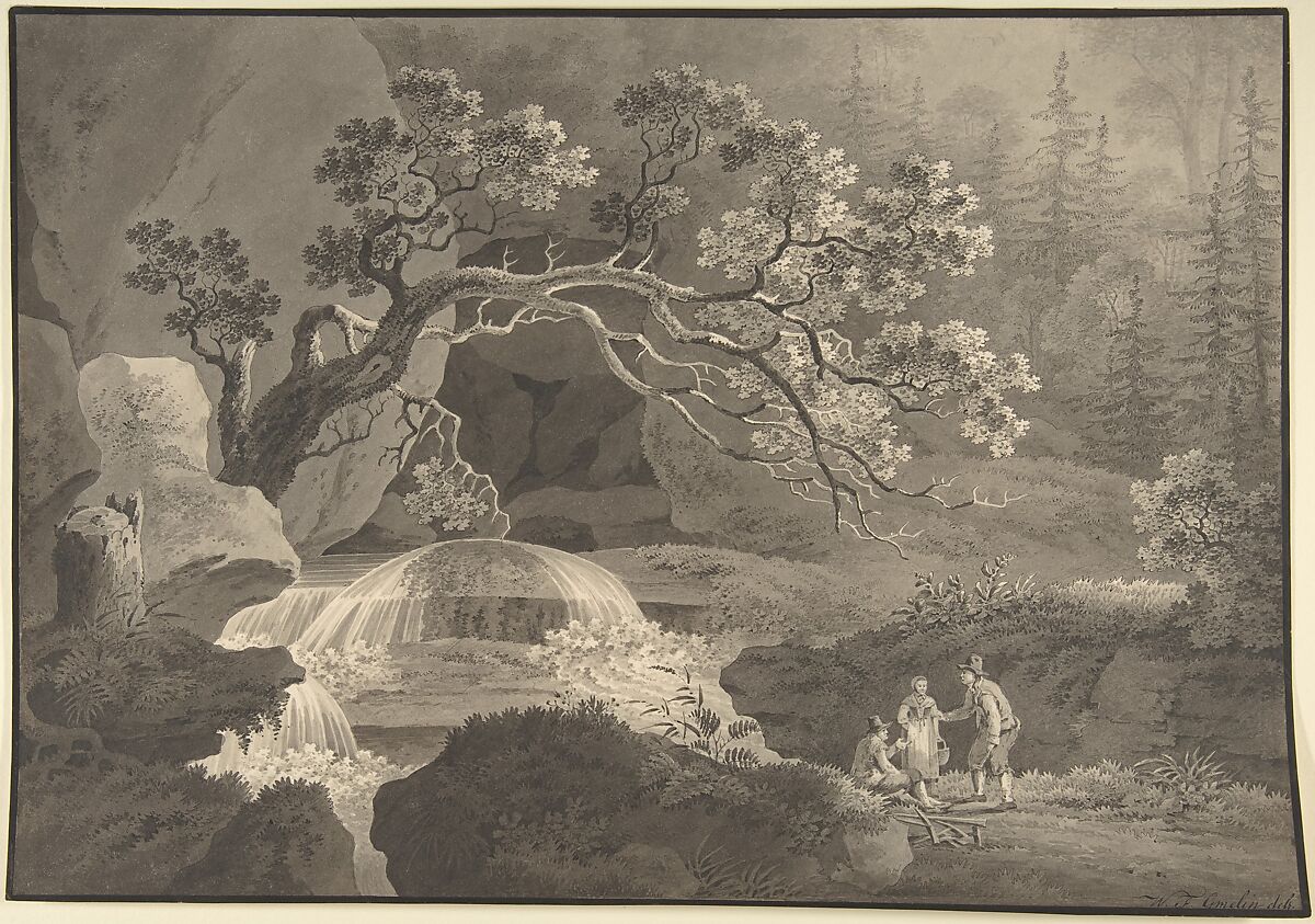 Landscape with Waterfall, Friedrich Wilhelm Gmelin (German, Badenweiler (Breisgau) 1745–1821 Rome), Pen and gray and black ink, brush and gray wash. Framing line in pen and black ink. 