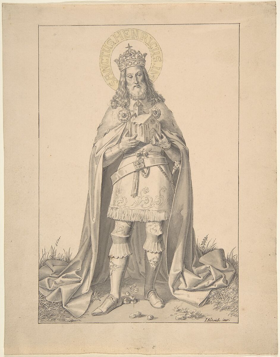 Saint Henry (Emperor Henry II), Joseph von Führich (Austrian, Kratzau 1800–1876 Vienna), Pen and black ink, brush and gray and yellow wash, over graphite; framing line in pen and ink over graphite. 