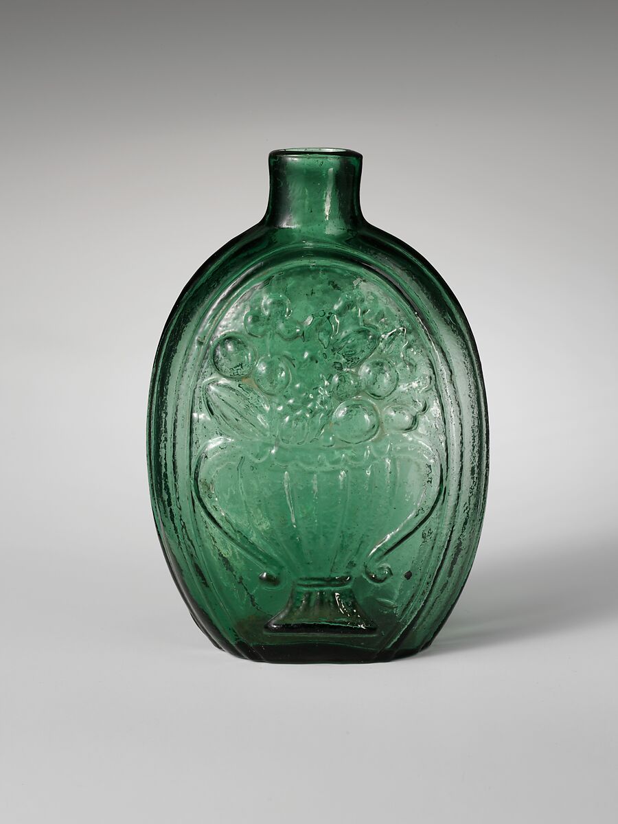 Flask, Attributed to Coventry Glass Works (1813–1850), Free-blown molded green glass, American