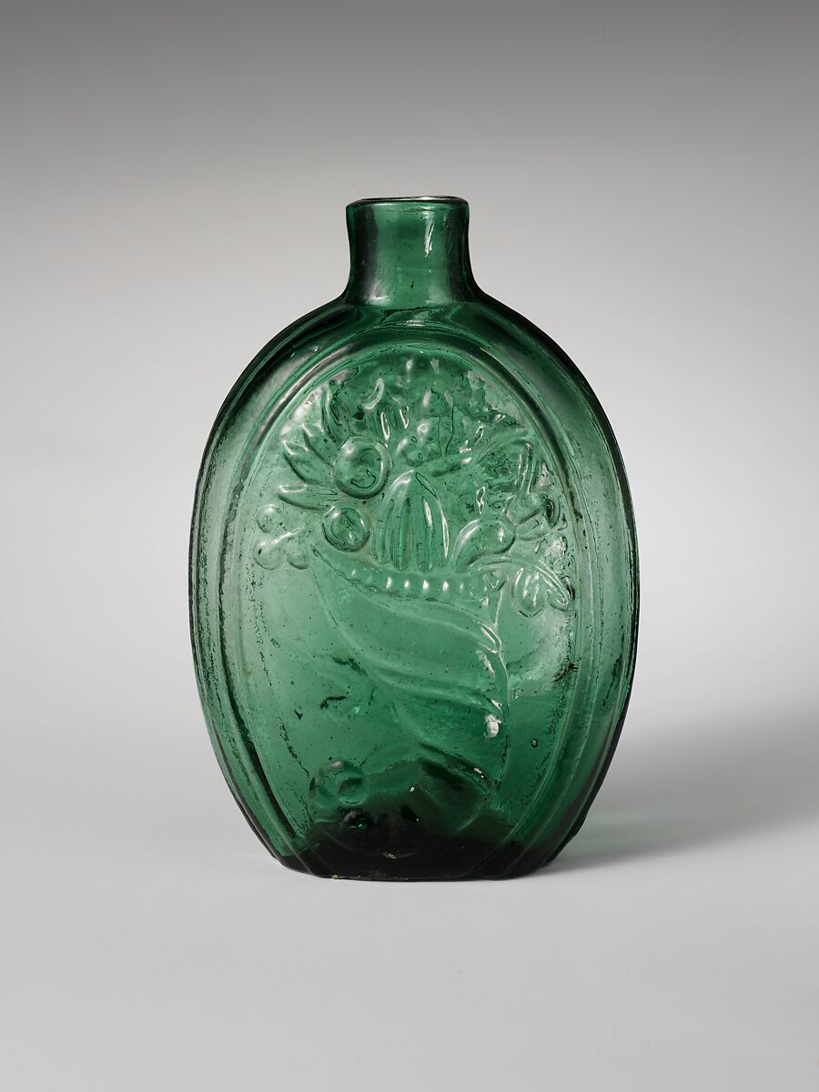 Flask, Attributed to Coventry Glass Works (1813–1850), Free-blown molded green glass, American 