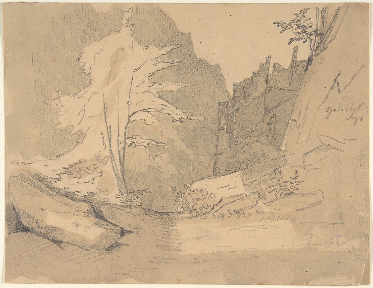 The Bode Valley with Rocks and Trees; verso: Landscape Studies, Karl Blechen (German, Cottbus 1798–1840 Berlin), Graphite, brush and gray wash 