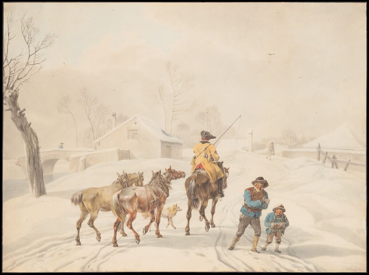 Postilion on Horse in a Winter Landscape, Wilhelm von Kobell (German, Mannheim 1766–1853 Munich), Watercolor. Framing line in pen and black ink. 