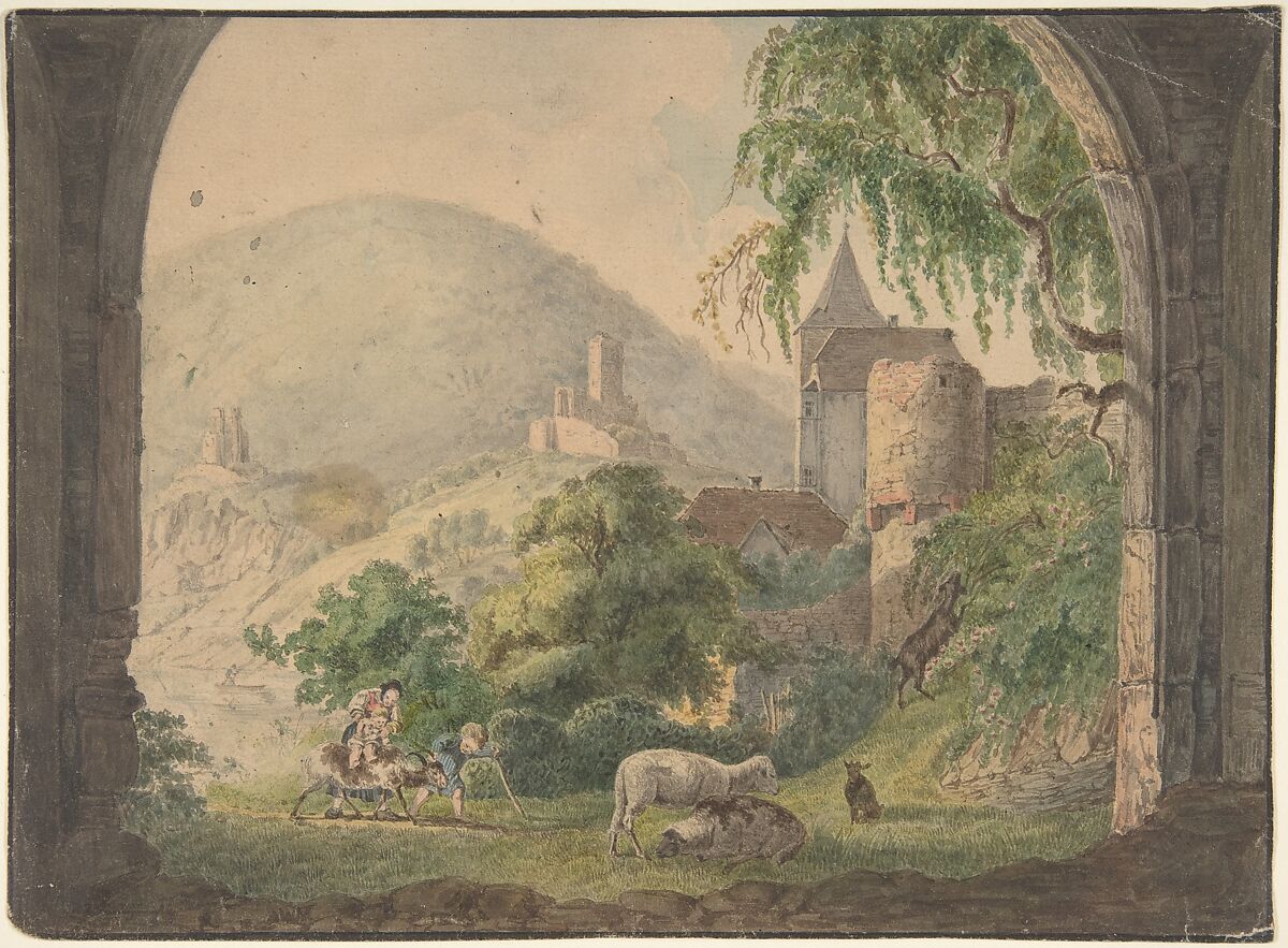 The Four Castles of Neckarsteinach, Carl Philipp Fohr (German, Heidelberg 1795–1818 Rome), Pen and brown ink, brush and brown wash and watercolor, framing line in black ink 