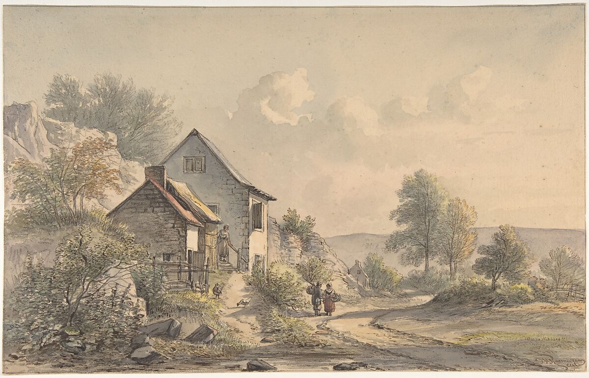 Village Scene with Figures, Jan van Ravenswaay (Dutch, Hilversum 1789–1869 Hilversum), Watercolor over black chalk; framing lines in pen and gray ink 