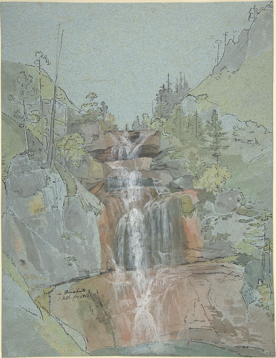 Landscape with a Waterfall, Johann Christoph Rist (German, Stuttgart 1790–1876 Augsburg), Pen and brown ink, and watercolor on blue paper; framing lines in graphite 