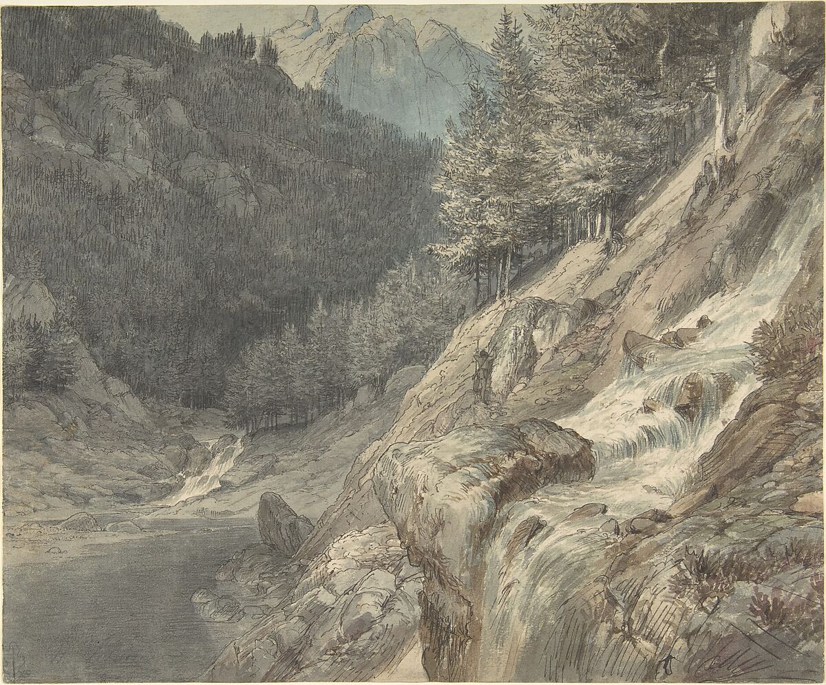 Mountainous Landscape with a River, Johann Wilhelm Schirmer (German, Jülich 1807–1863 Karlsruhe), Pen and brown ink, and watercolor 