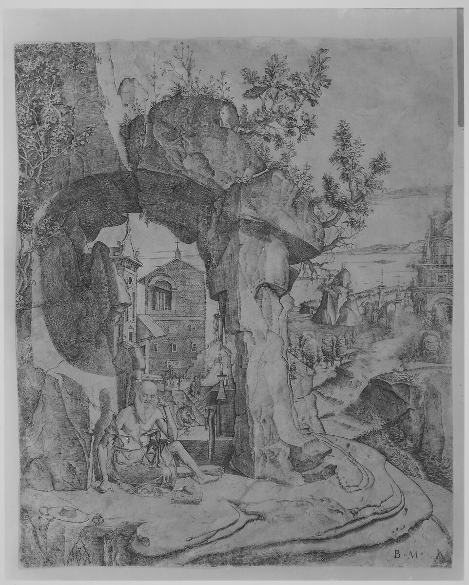 Saint Jerome seated beneath a rocky arch, Benedetto Montagna (Italian, ca. 1480–1555/58), Engraving 