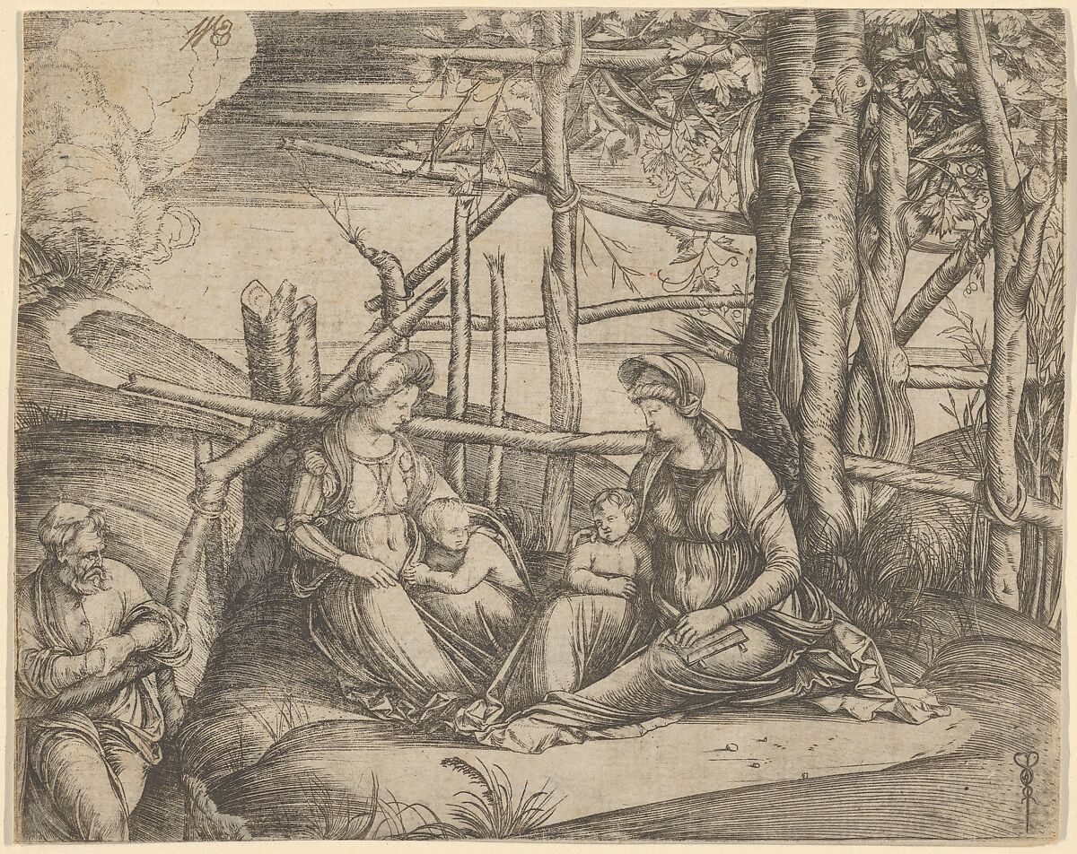 The Virgin and Child with Saint Elizabeth and John the Baptist in a landscape, St Joseph at the left, Jacopo de&#39; Barbari (Italian, active Venice by 1497–died by 1516 Mechelen or Brussels), Engraving 