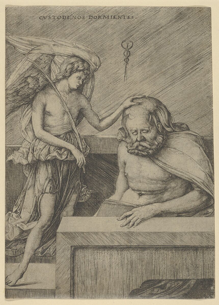 The Guardian Angel: an angel at left placing his hand on the head of a sleeping seated man, Jacopo de&#39; Barbari (Italian, active Venice by 1497–died by 1516 Mechelen or Brussels), Engraving 