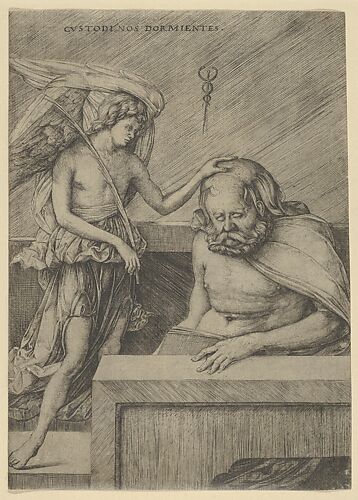 The Guardian Angel: an angel at left placing his hand on the head of a sleeping seated man
