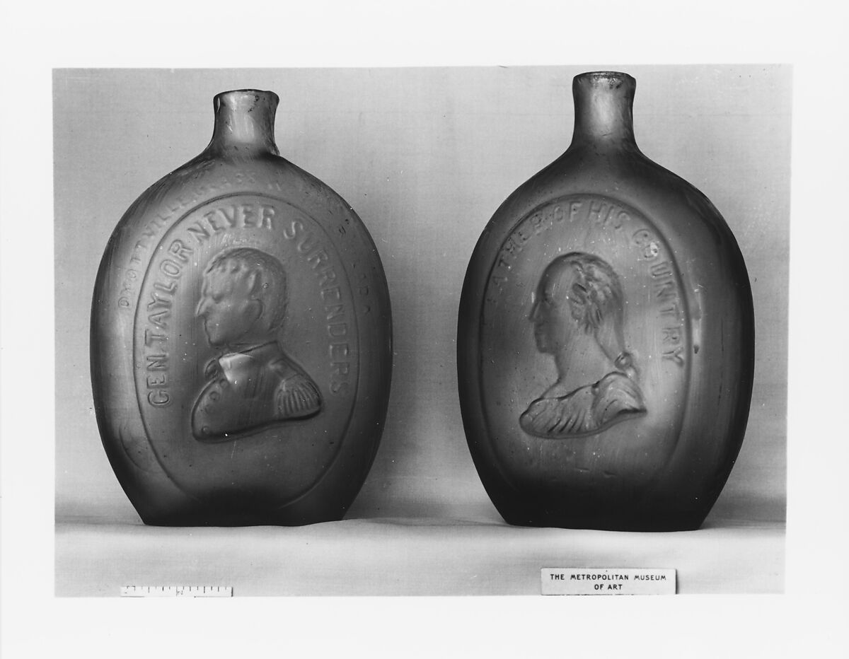Figured flask, Dyottville Glass Works (1833–1923), Blown-molded glass, American