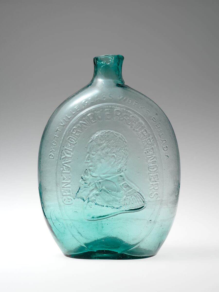 Figured flask, Dyottville Glass Works (1833–1923), Blown-molded glass, American
