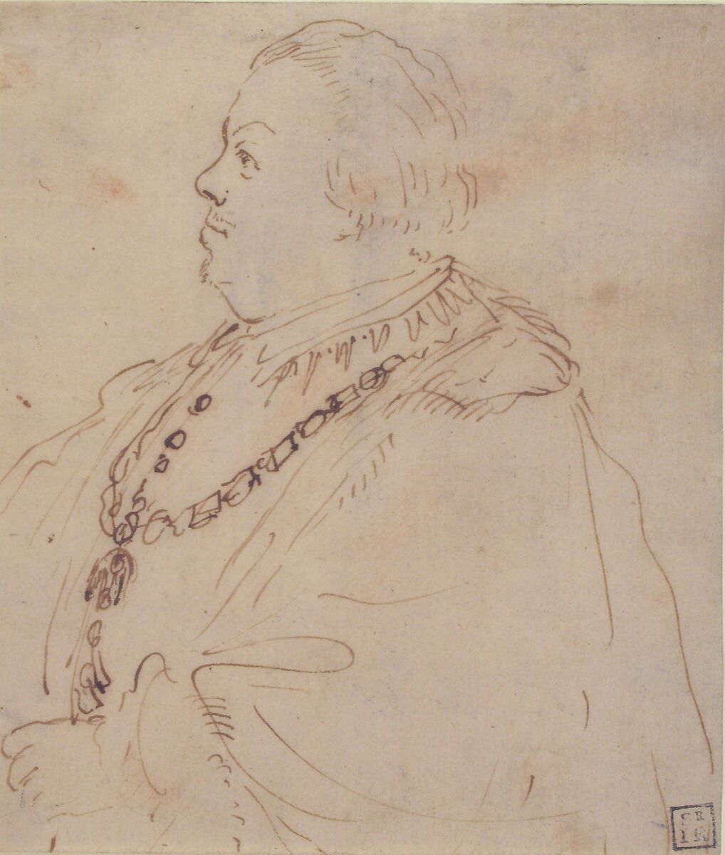 Waist-Length Portrait of a Man Wearing the Order of the Golden Fleece, in Profile Facing Left, Guercino (Giovanni Francesco Barbieri) (Italian, Cento 1591–1666 Bologna), Pen and brown ink; accidental red chalk offset