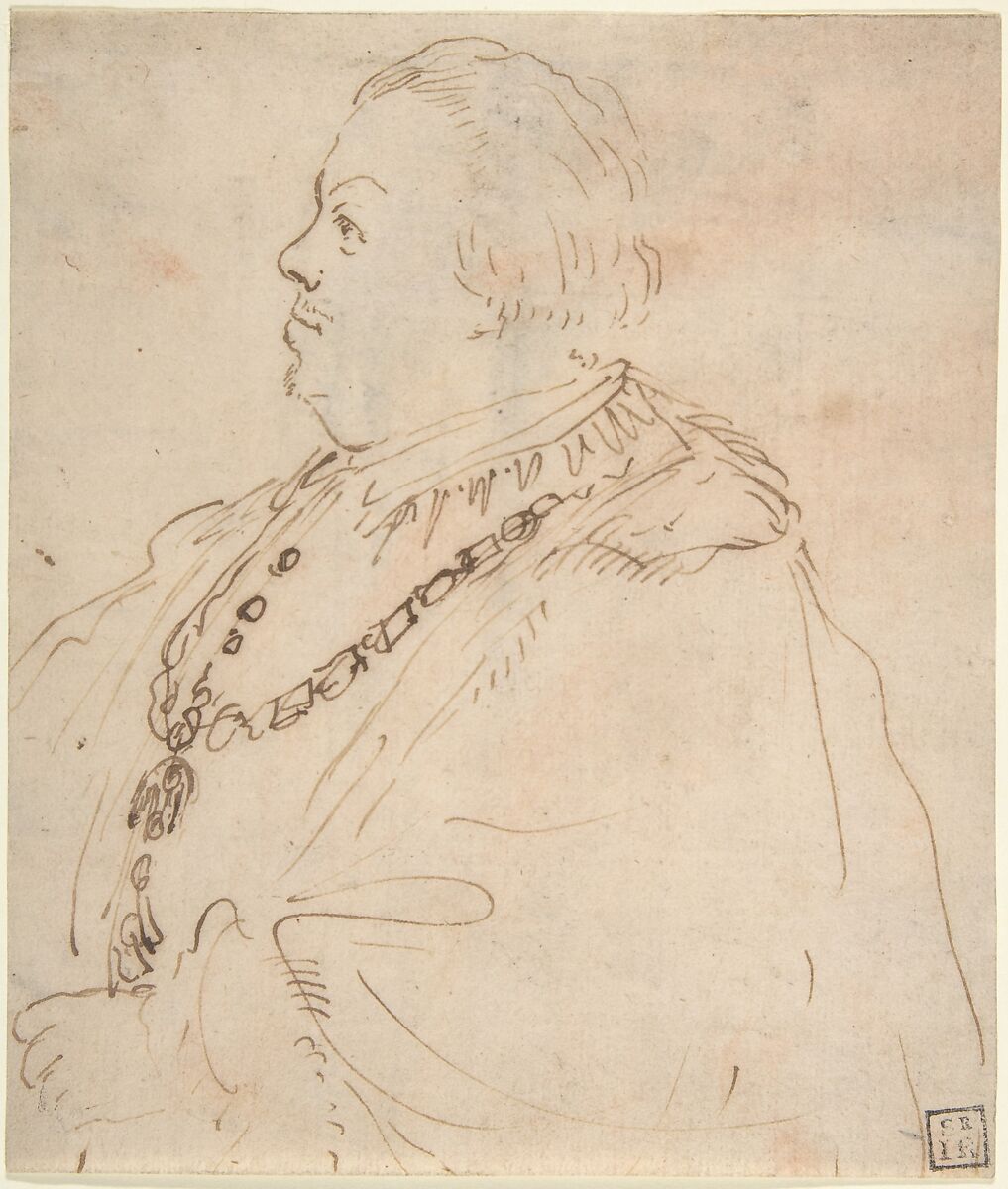 Waist-Length Portrait of a Man Wearing the Order of the Golden Fleece, in Profile Facing Left, Guercino (Giovanni Francesco Barbieri) (Italian, Cento 1591–1666 Bologna), Pen and brown ink; accidental red chalk offset 