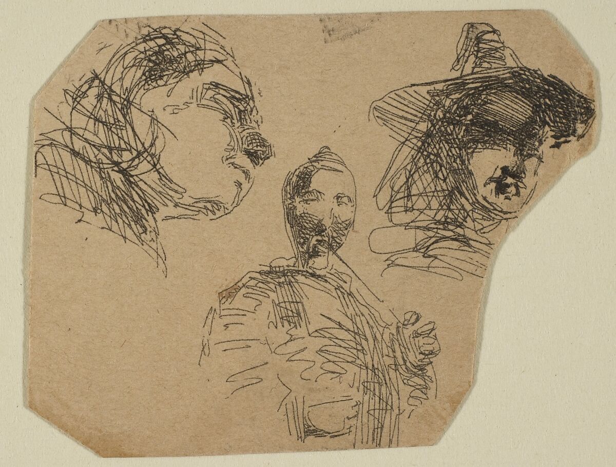 Two Female Heads and Standing Figure (from Sketches on the Coast Survey Plate), James McNeill Whistler (American, Lowell, Massachusetts 1834–1903 London), Etching; proof impression of the only state (Glasgow 1); this is an irregular fragment cut from the upper portion of "Sketches on the Coast Survey Plate" (Kennedy no. 1) by Whistler and mounted on a board with six other related fragments. Cited by Glasgow as the earliest known impression. 