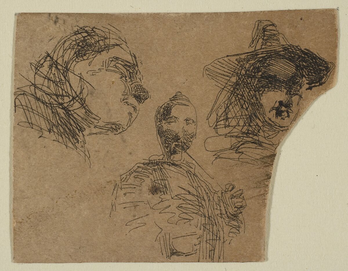 Two Female Heads and Standing Figure (from Sketches on the Coast Survey Plate), James McNeill Whistler (American, Lowell, Massachusetts 1834–1903 London), Etching; proof impression of the only state (Glasgow 1); this is a fragment cut from the upper portion of "Sketches on the Coast Survey Plate" (Kennedy no. 1) by Whistler and mounted on a board with six other related fragments. Cited by Glasgow as the earliest known impression. 