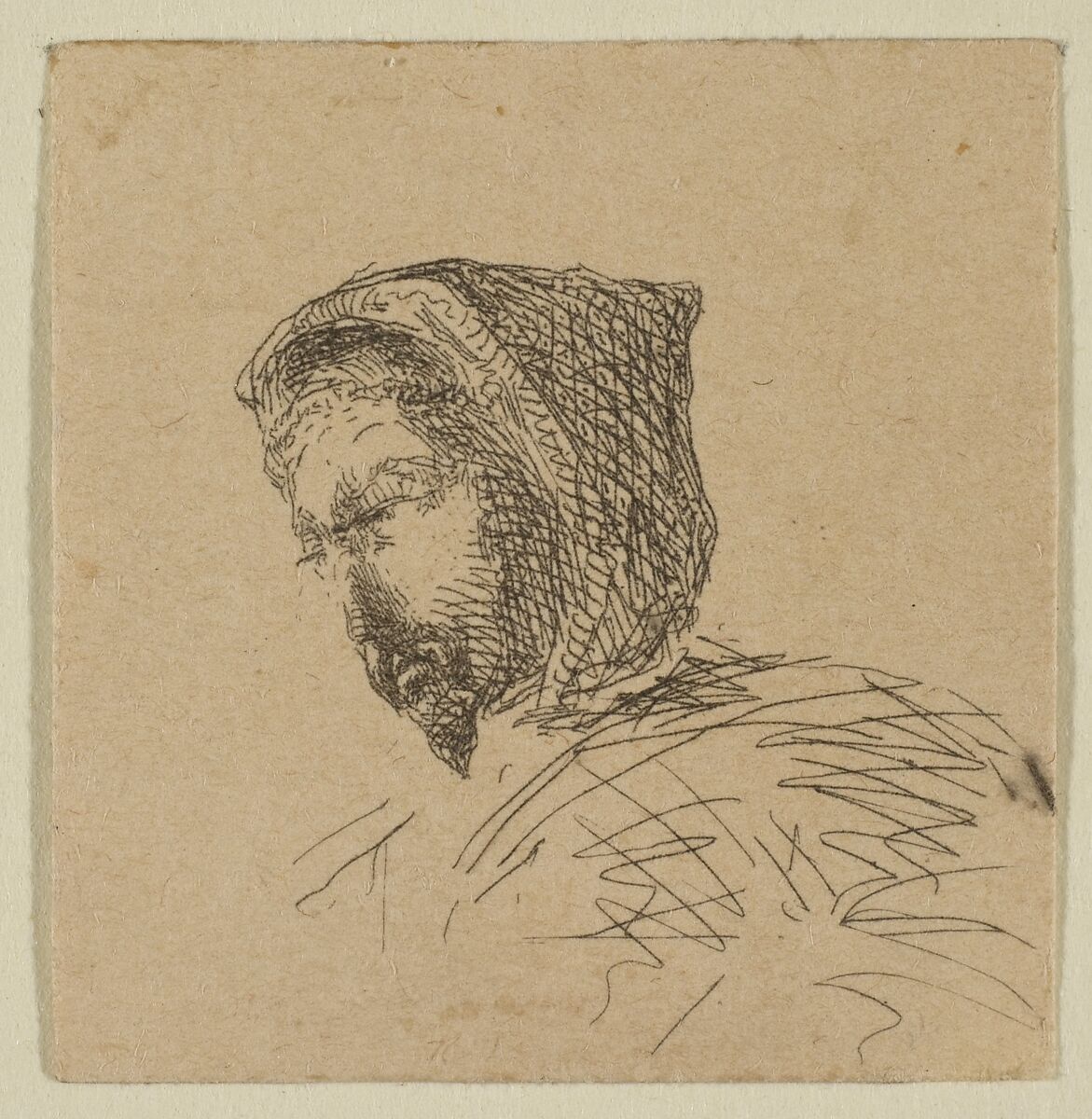 Hooded Male Head (from Sketches on The Coast Survey Plate), James McNeill Whistler (American, Lowell, Massachusetts 1834–1903 London), Etching; proof impression of the only state (Glasgow 1); this is a fragment cut from the upper portion of "Sketches on the Coast Survey Plate" (Kennedy no. 1) by Whistler and mounted on a board with six other related fragments. Cited by Glasgow as the earliest known impression. 