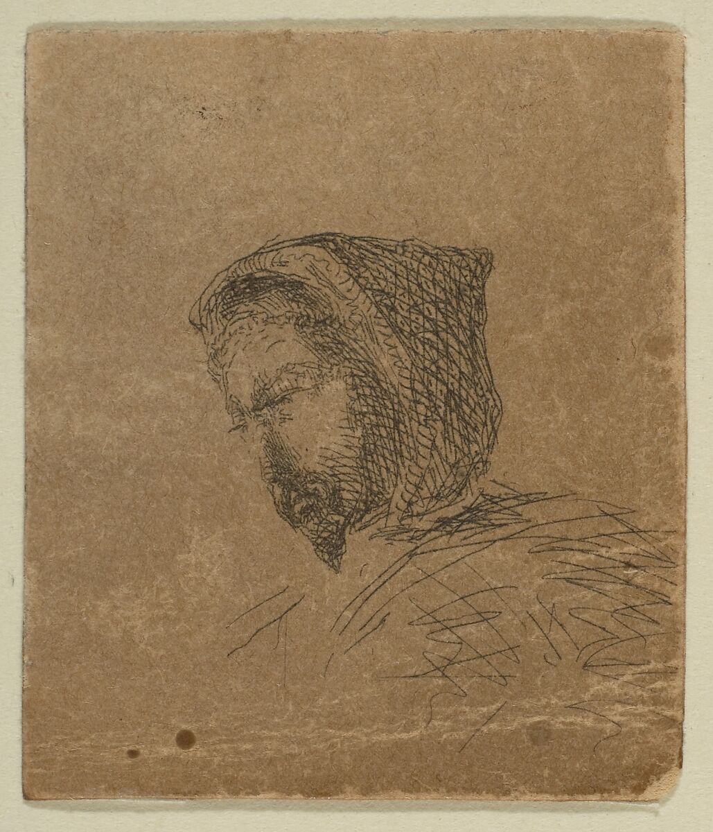 Hooded Male Head (from Sketches on the Coast Survey Plate), James McNeill Whistler (American, Lowell, Massachusetts 1834–1903 London), Etching; proof impression of the only state (Glasgow 1); this is a fragment cut from the upper portion of "Sketches on the Coast Survey Plate" (Kennedy no. 1) by Whistler and mounted on a board with six other related fragments. Cited by Glasgow as the earliest known impression. 