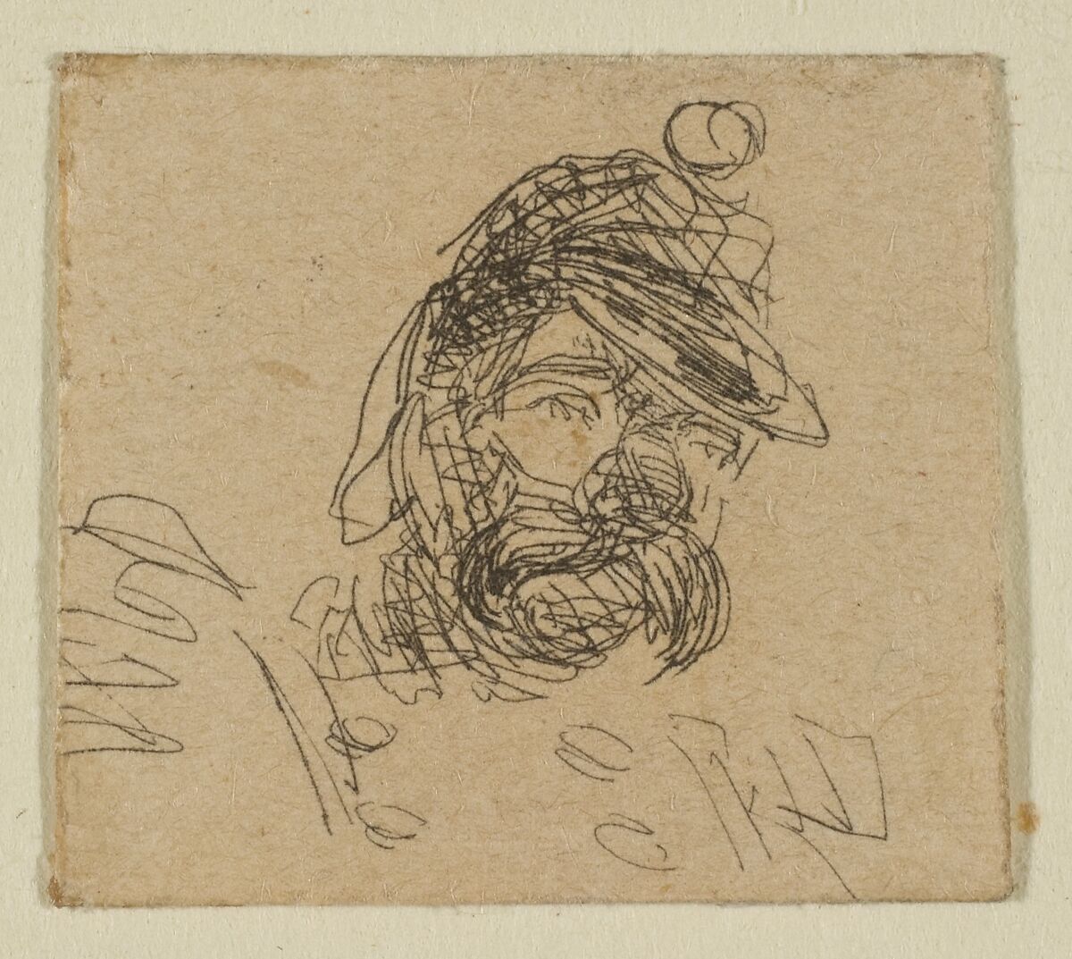 Bearded Man in Soldier's Cap (from Sketches on the Coast Survey Plate), James McNeill Whistler (American, Lowell, Massachusetts 1834–1903 London), Etching; proof impression of the only state (Glasgow 1); this is a fragment cut from the upper portion of "Sketches on the Coast Survey Plate" (Kennedy no. 1) by Whistler and mounted on a board with six other related fragments. Cited by Glasgow as the earliest known impression. 
