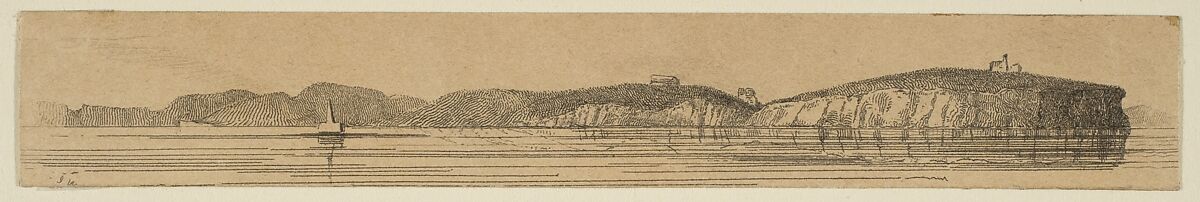 View of a Coast Line (from Sketches on the Coast Survey Plate), James McNeill Whistler (American, Lowell, Massachusetts 1834–1903 London), Etching; proof impression of the only state (Glasgow 1);  this is a fragment cut from the upper portion of "Sketches on the Coast Survey Plate" (Kennedy no. 1) by Whistler and mounted on a board with six other related fragments. Cited by Glasgow as the earliest known impression. 