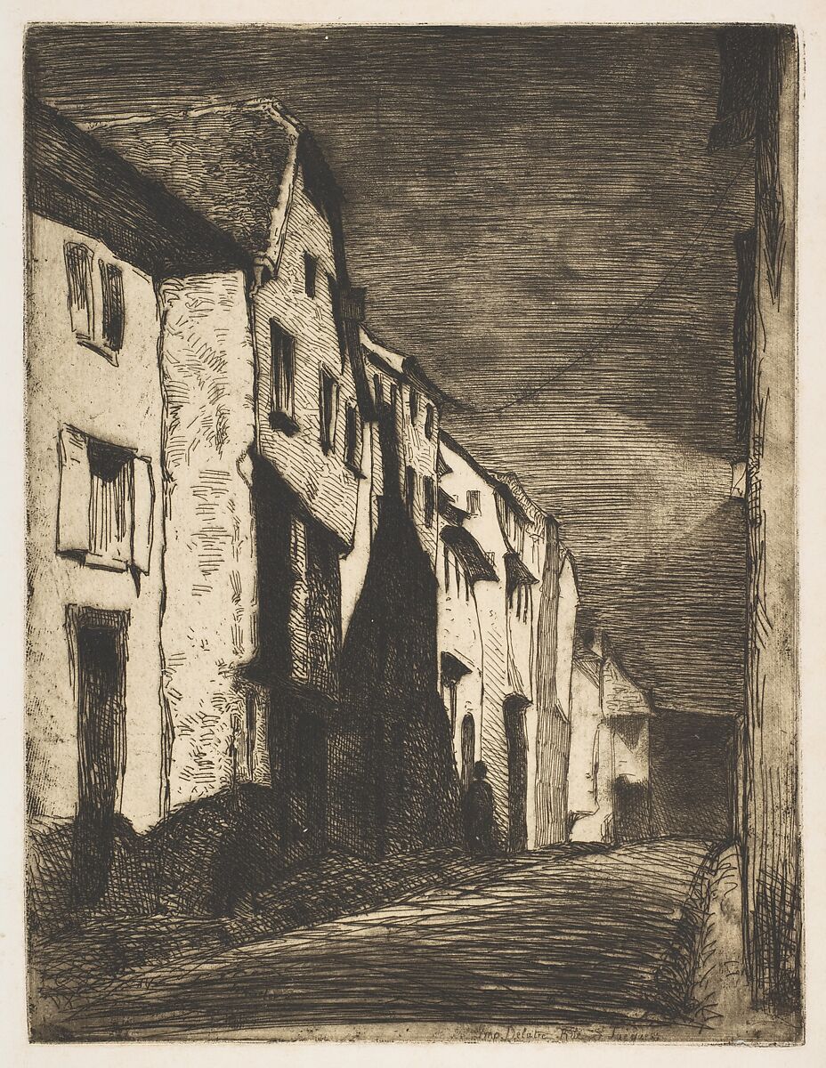 Street at Saverne, James McNeill Whistler (American, Lowell, Massachusetts 1834–1903 London), Etching and open bite or sandpaper ground, printed on ivory chine on off-white wove paper (chine collé); third state of four (Glasgow) 